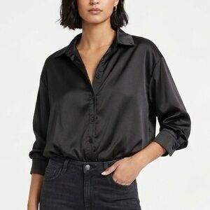 Emery Rose Black Satin Oversized Button Down Long Sleeve Shirt Womens Size L